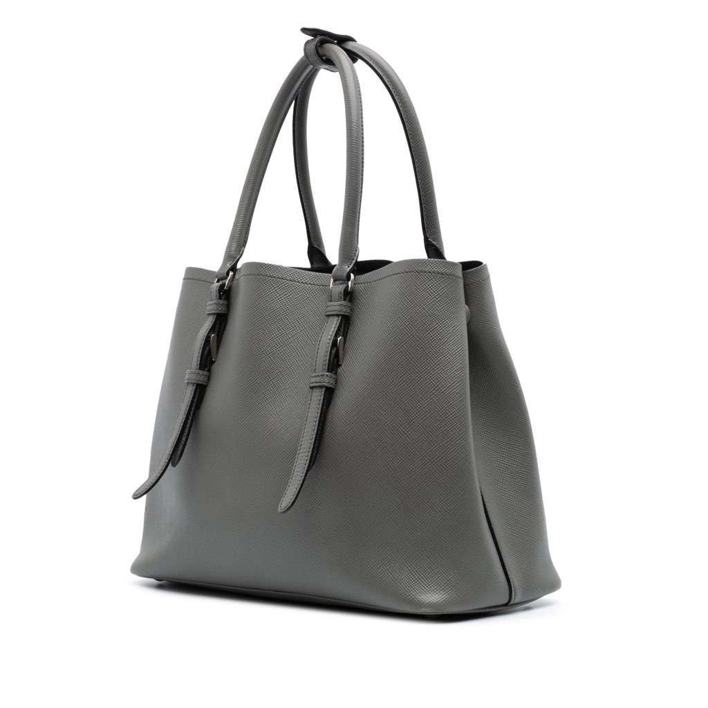 Prada Medium Saffiano Cuir Double Satchel Grey Leather Good - Back View