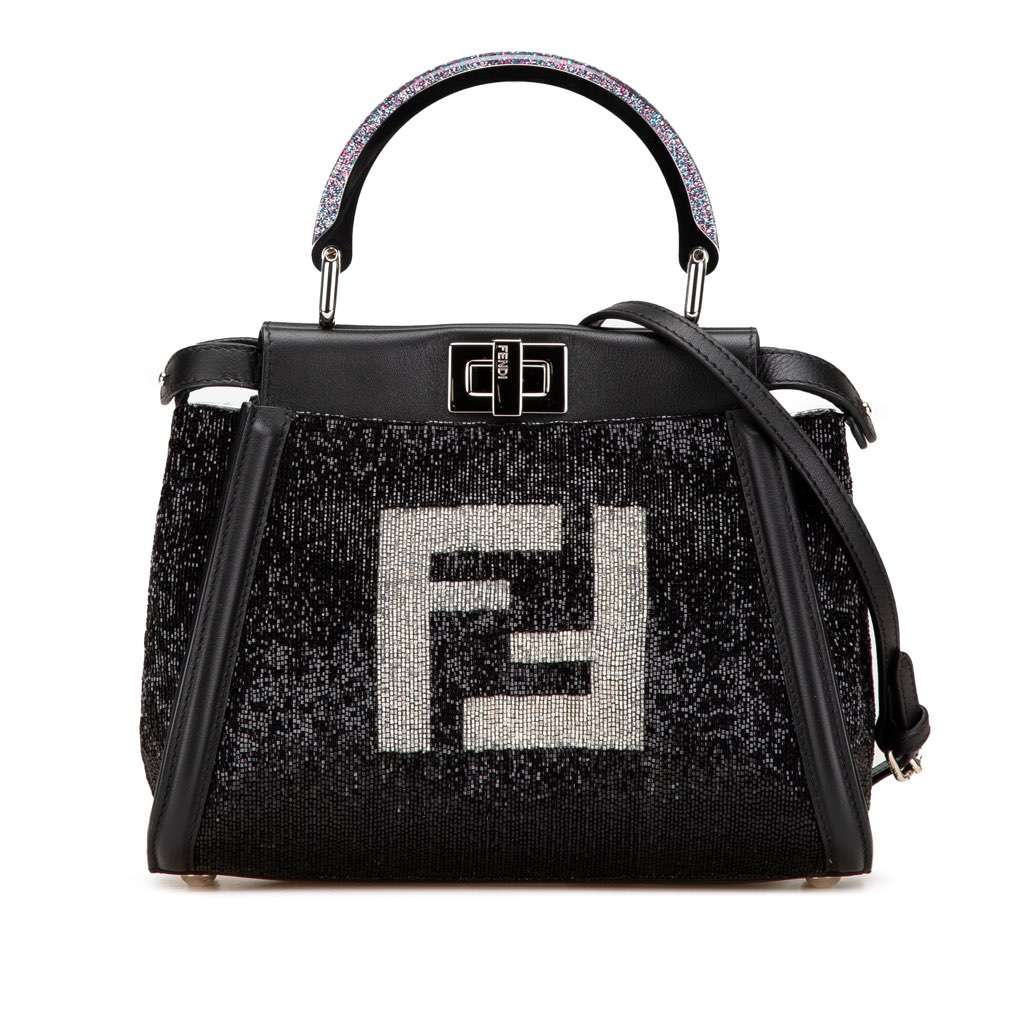 Fendi Mini Leather Beaded Peekaboo Iconic Black Leather Good - Front View