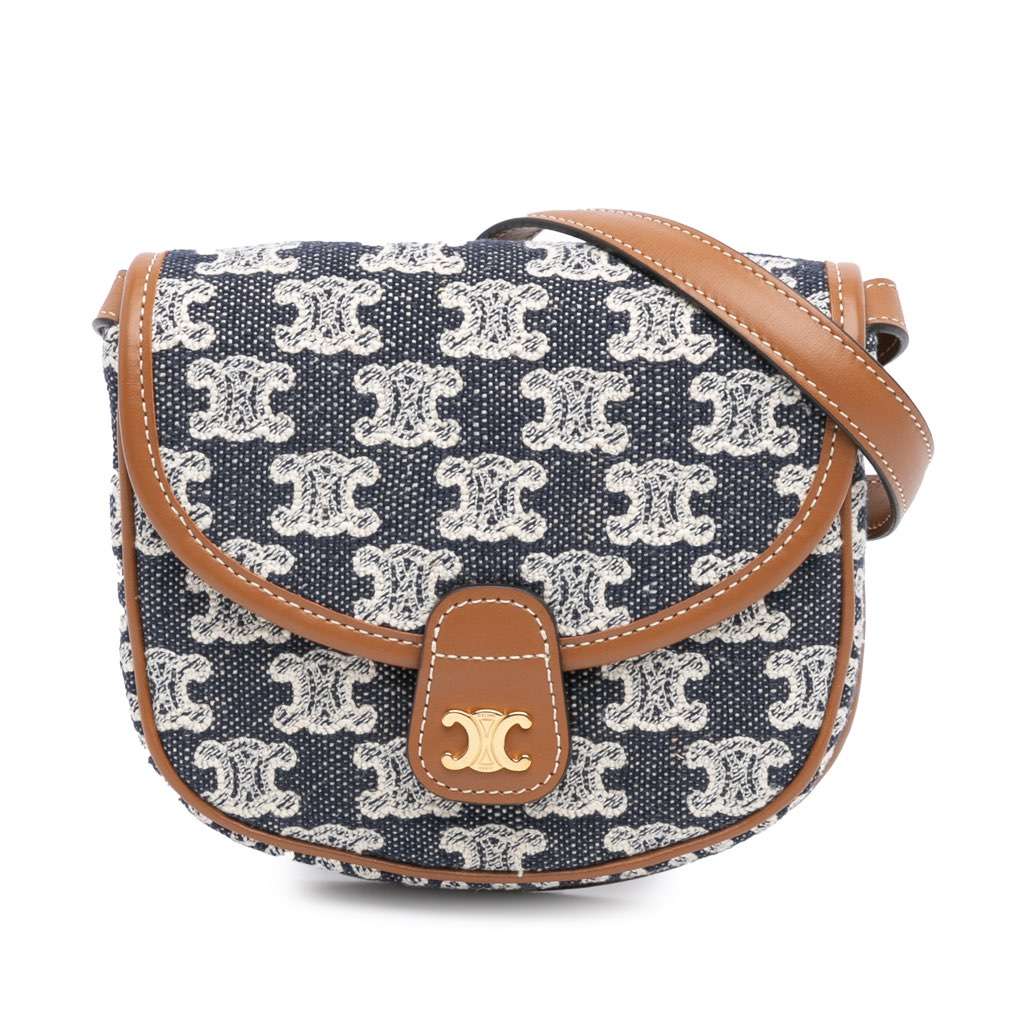 Celine Mini Triomphe Canvas and Calfskin Besace Crossbody Blue Canvas Good - Front View
