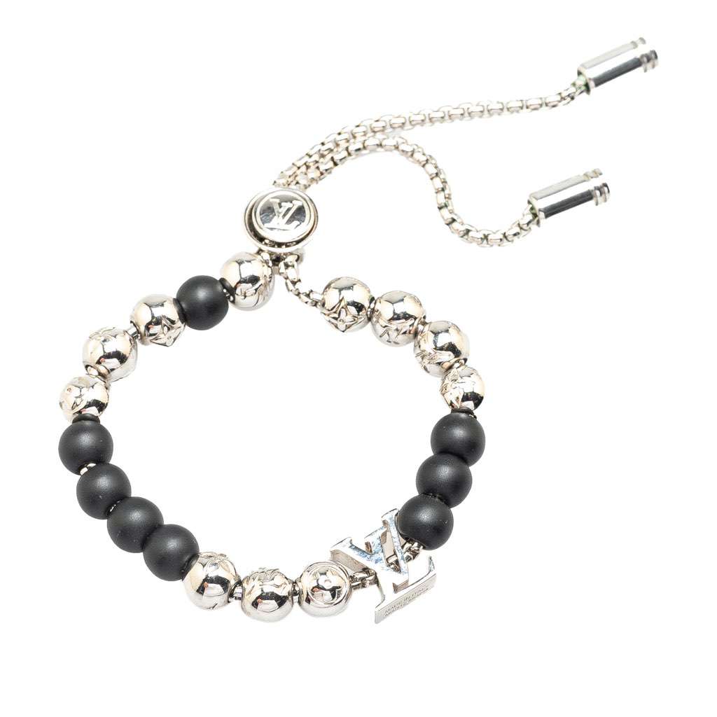 Louis Vuitton Silver Monogram Beads Bracelet Silver Brass Good - Front View