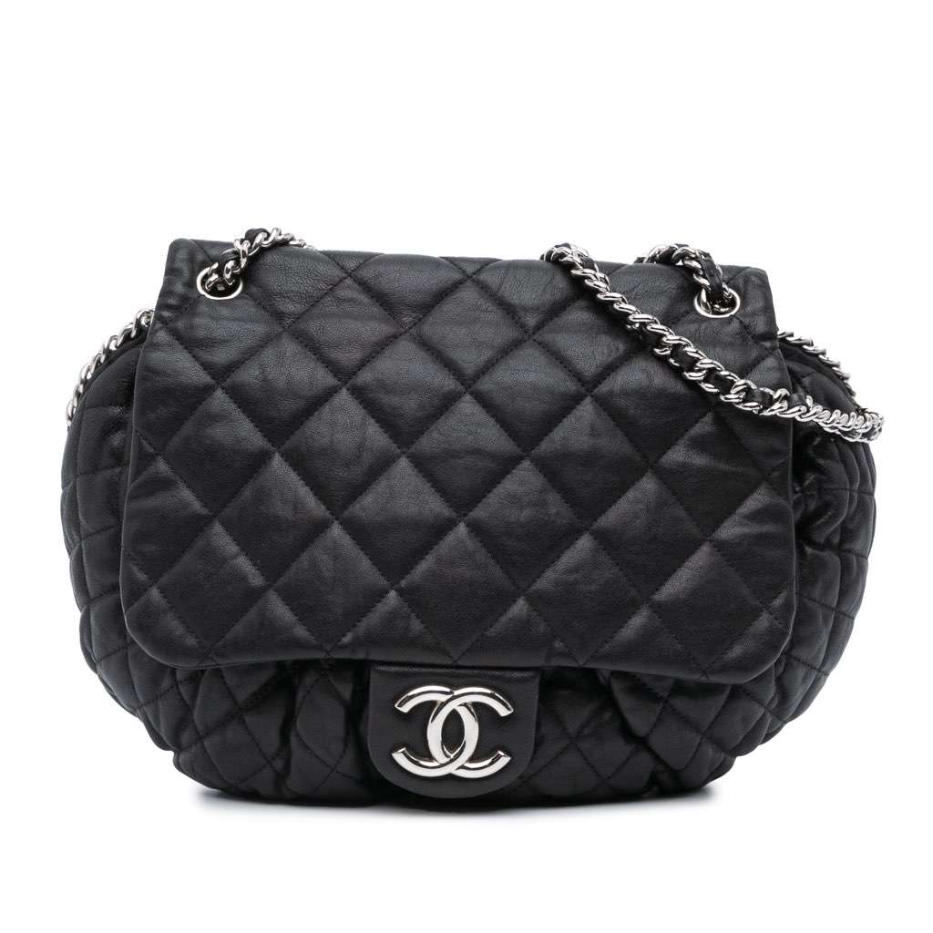 Chanel Large Lambskin Chain Around Flap Black Leather Good - Front View