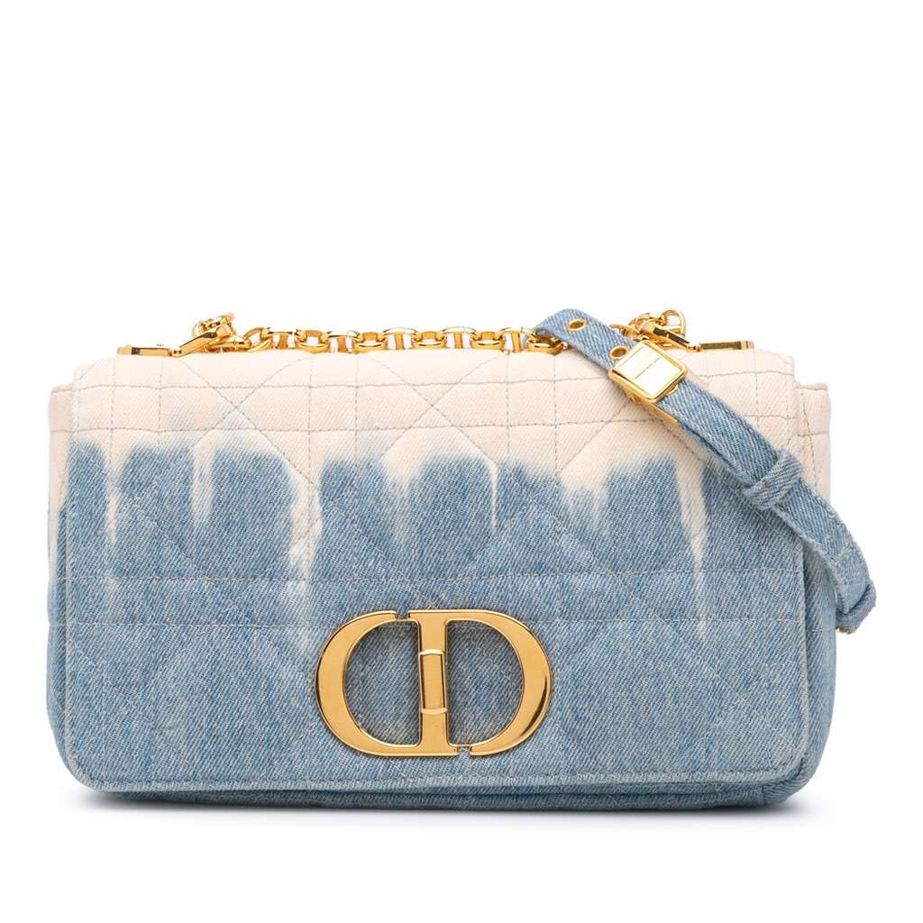 Dior Medium Denim Tie Dye Macrocannage Caro Bag Blue Denim Good - Front View