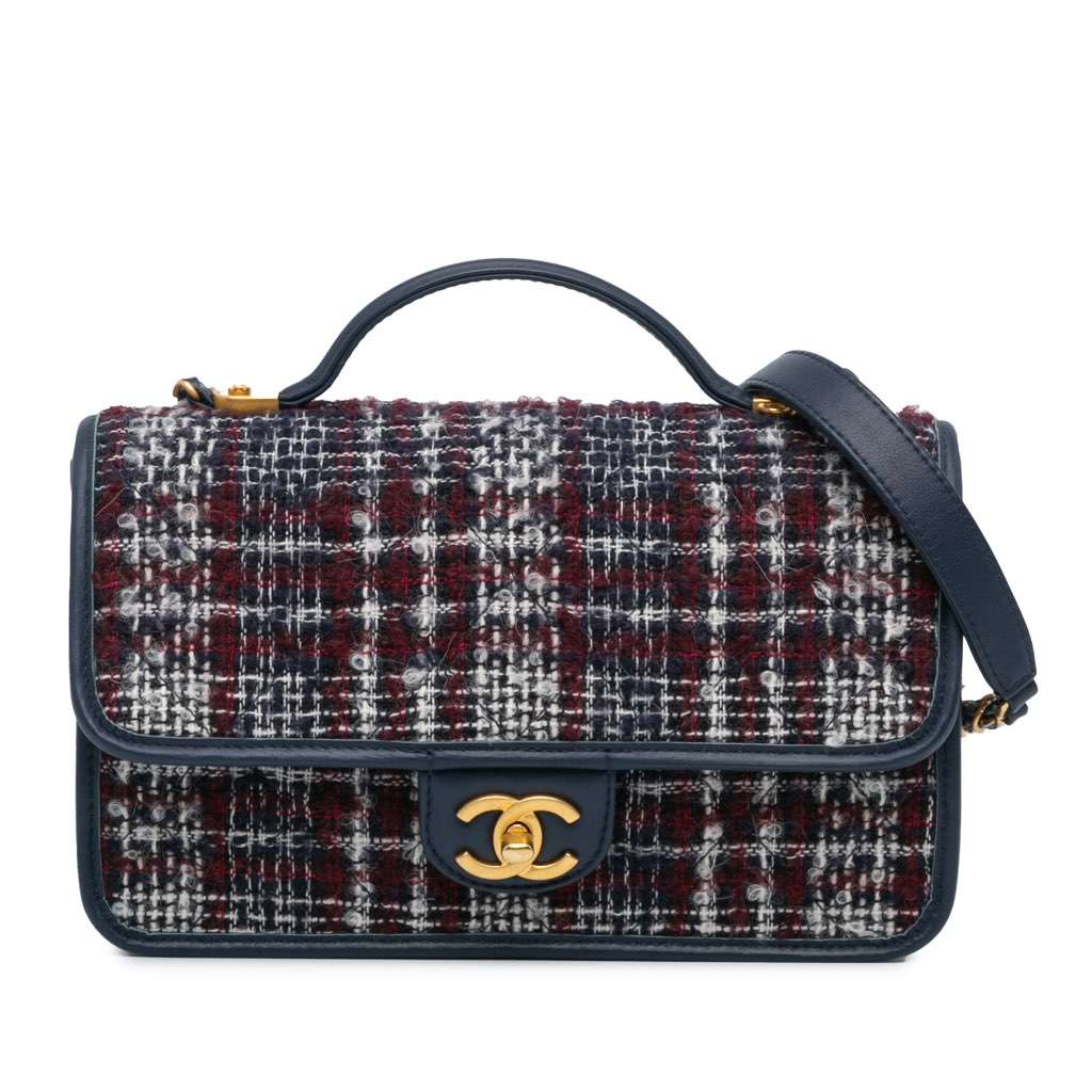 Chanel Small Tweed School Memory Top Handle Flap Blue Tweed Very good - Front View