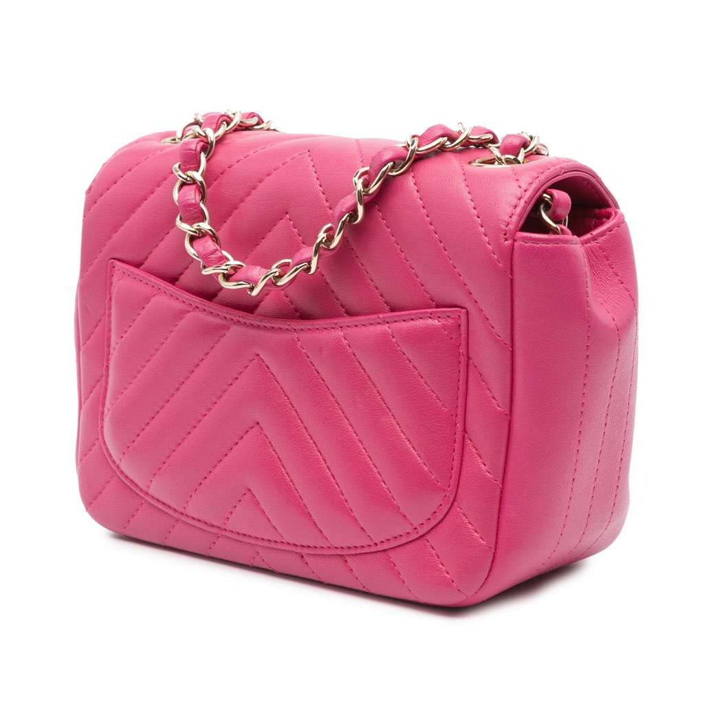 Chanel Mini Square Classic Chevron Lambskin Single Flap Pink Leather Very good - Back View