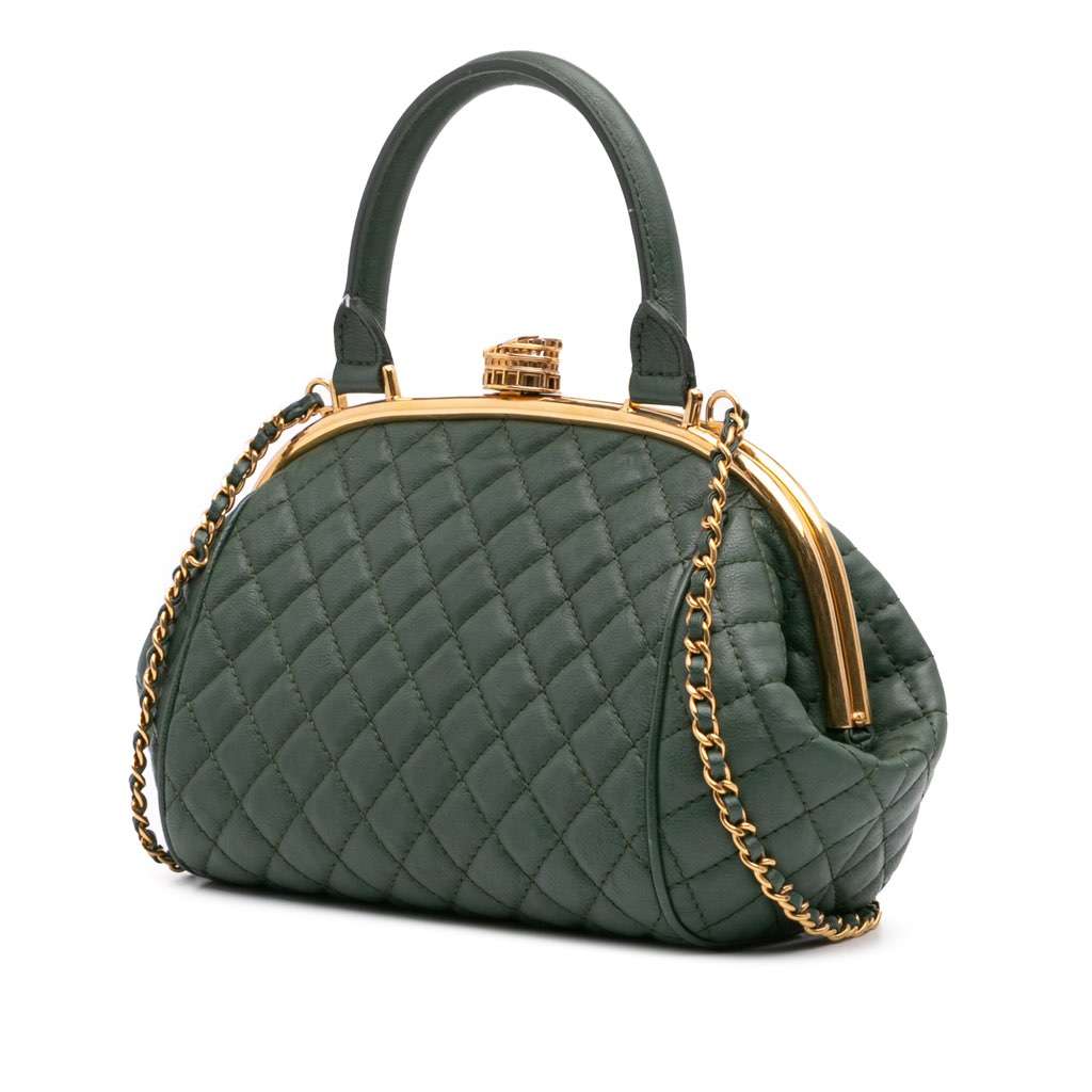 Chanel Small Quilted Calfskin Colosseum Lock Frame Bowling Bag Green Leather Good - Back View