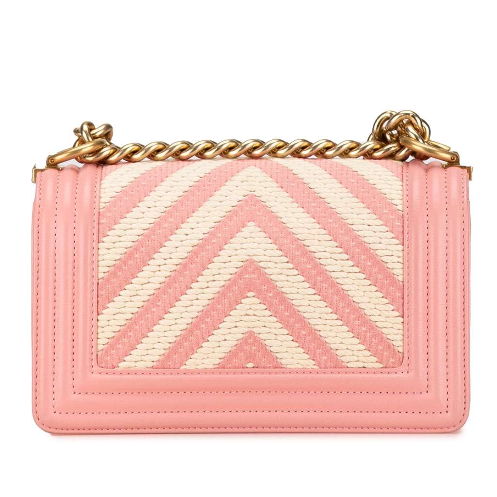Chanel Small Braided Chevron Cotton and Lambskin Boy Flap Pink Cotton Good - Inside View
