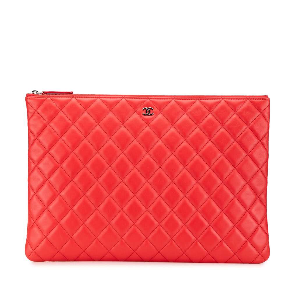 Chanel Large Quilted Lambskin O Case Clutch Red Leather Good - Front View
