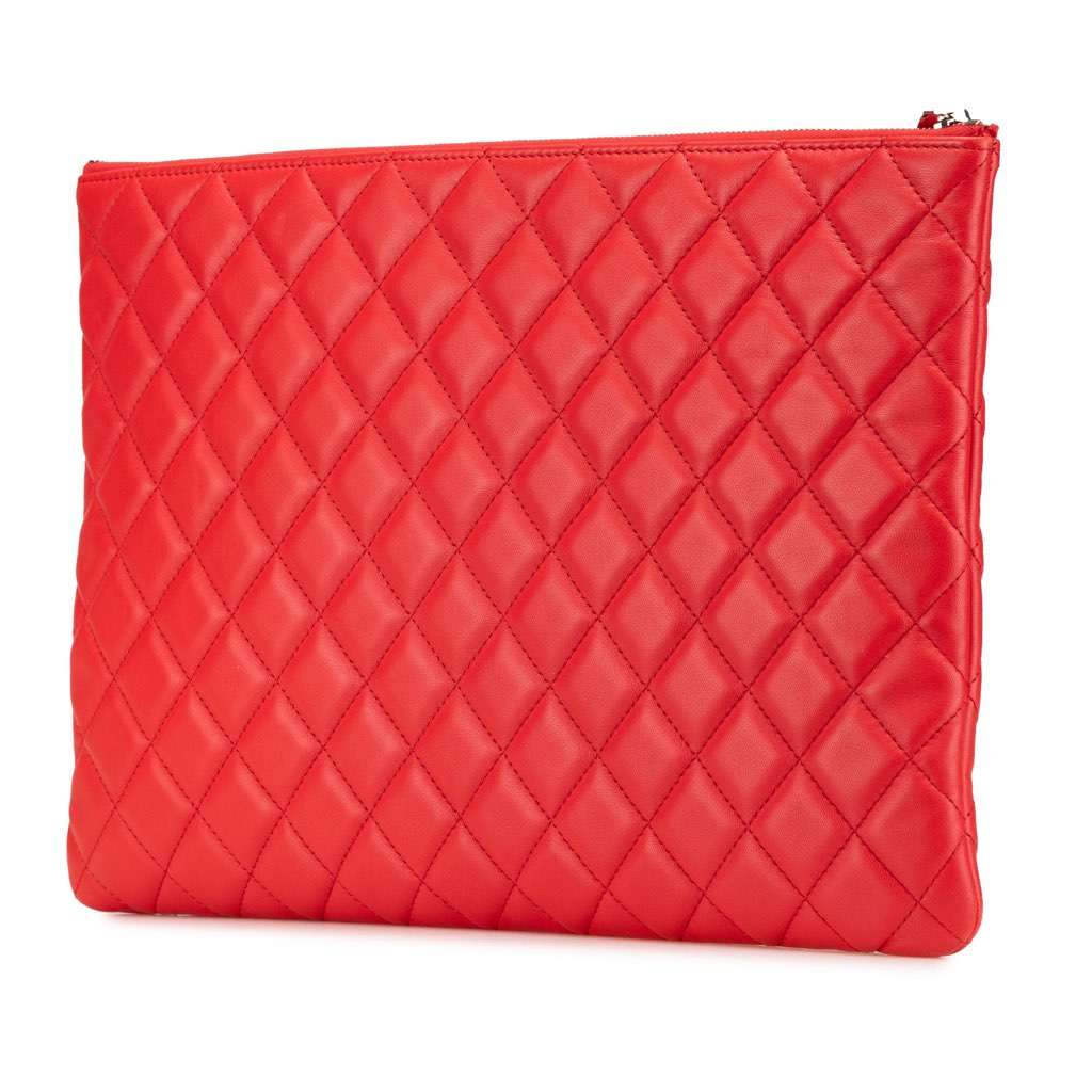 Chanel Large Quilted Lambskin O Case Clutch Red Leather Good - Back View