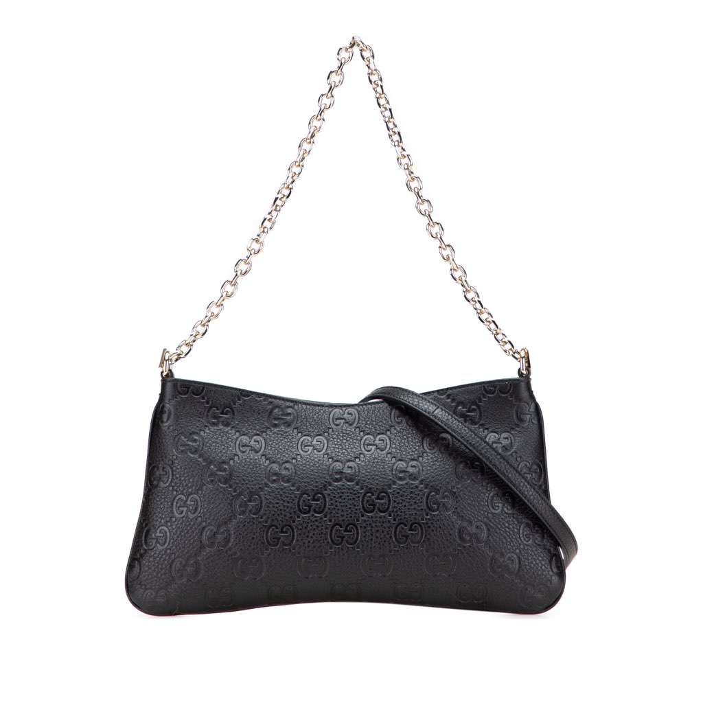 Gucci Medium GG Emblem Embossed Leather Shoulder Bag Black Leather Good - Front View