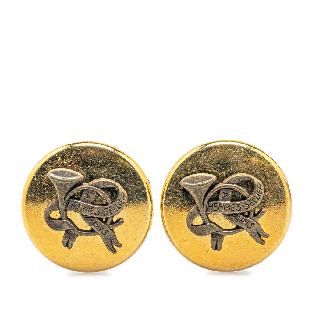 Hermès Gold Plated Horn Sellier Clip On Earrings Gold Metal Good condition - Back View