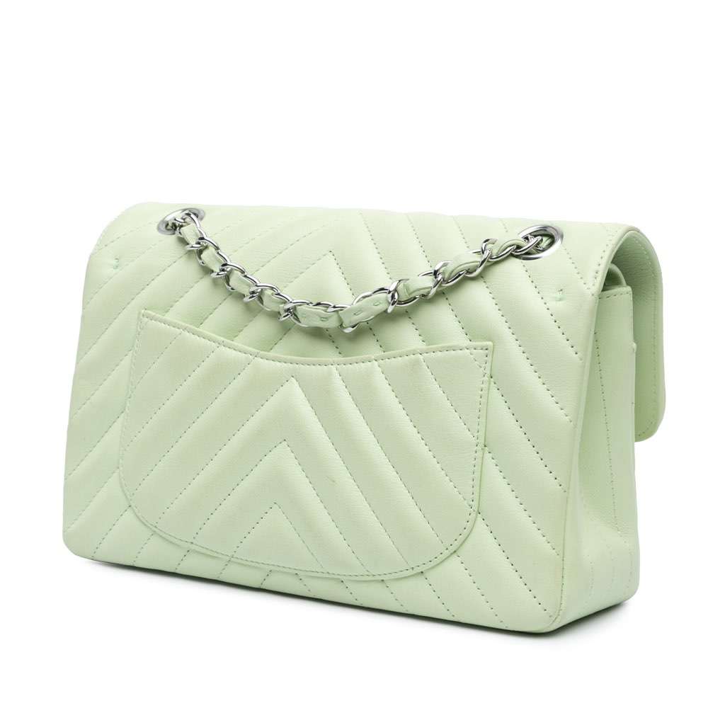 Chanel Small Classic Chevron Lambskin Double Flap Green Leather Very good condition - Back View