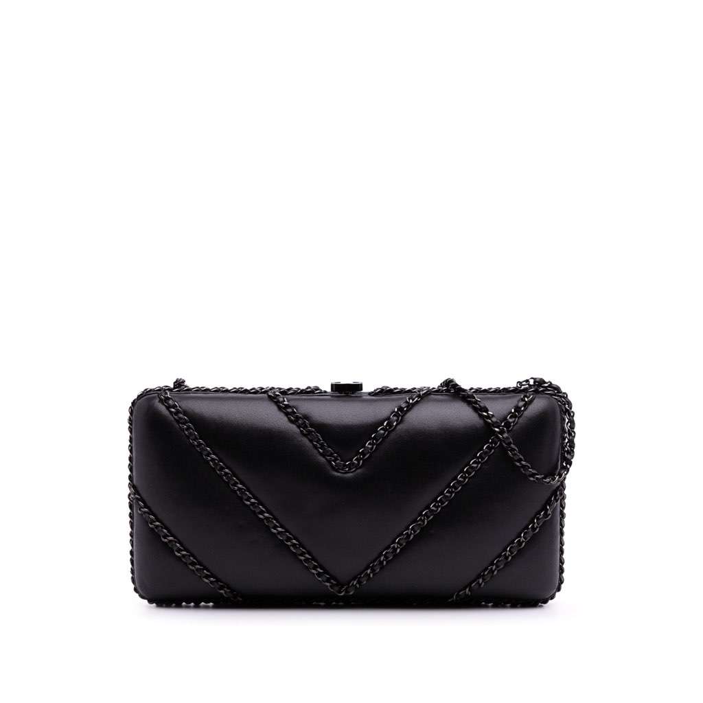 Chanel Chevron Lambskin Chain Around Clutch on Chain Black Leather Good - Front View