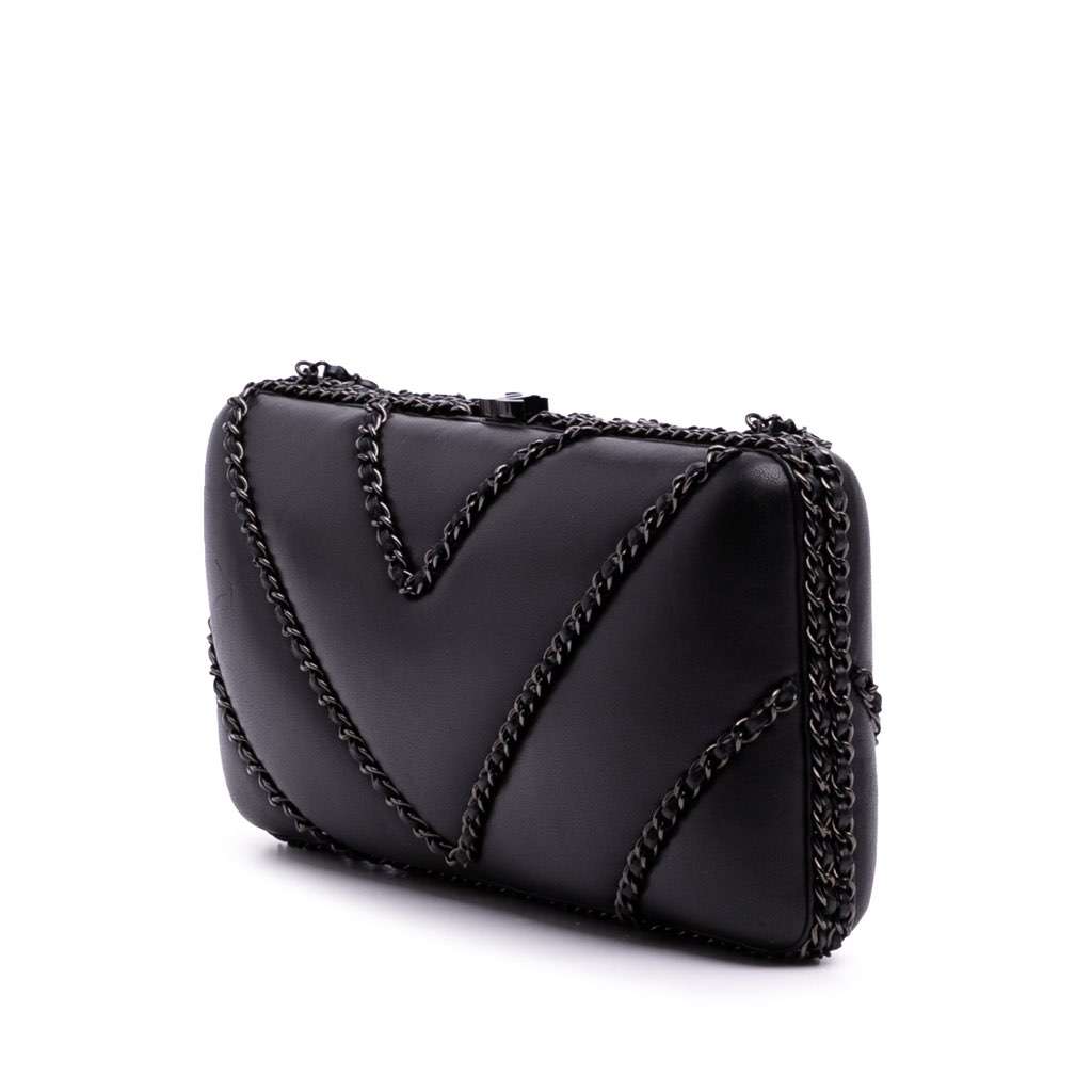 Chanel Chevron Lambskin Chain Around Clutch on Chain Black Leather Good - Back View