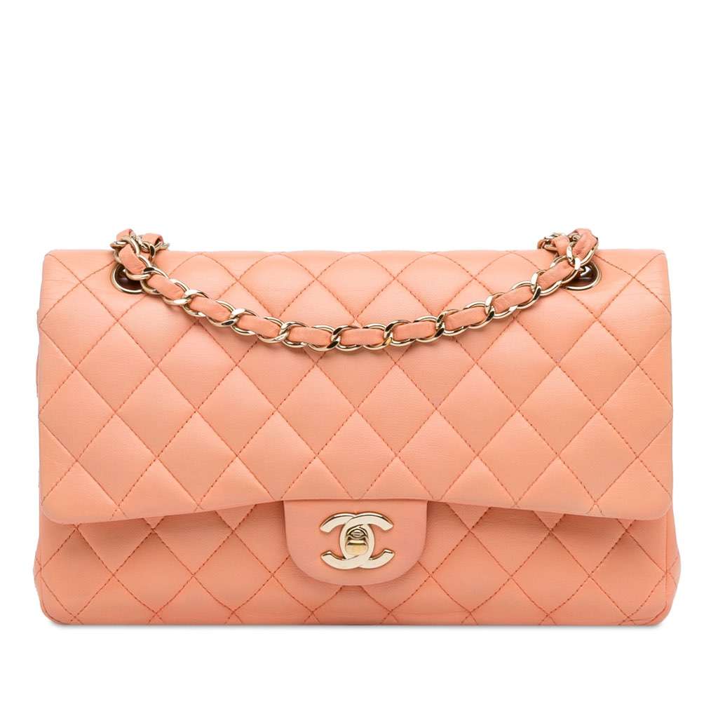 Chanel Medium Classic Lambskin Double Flap Orange Leather Good condition - Front View