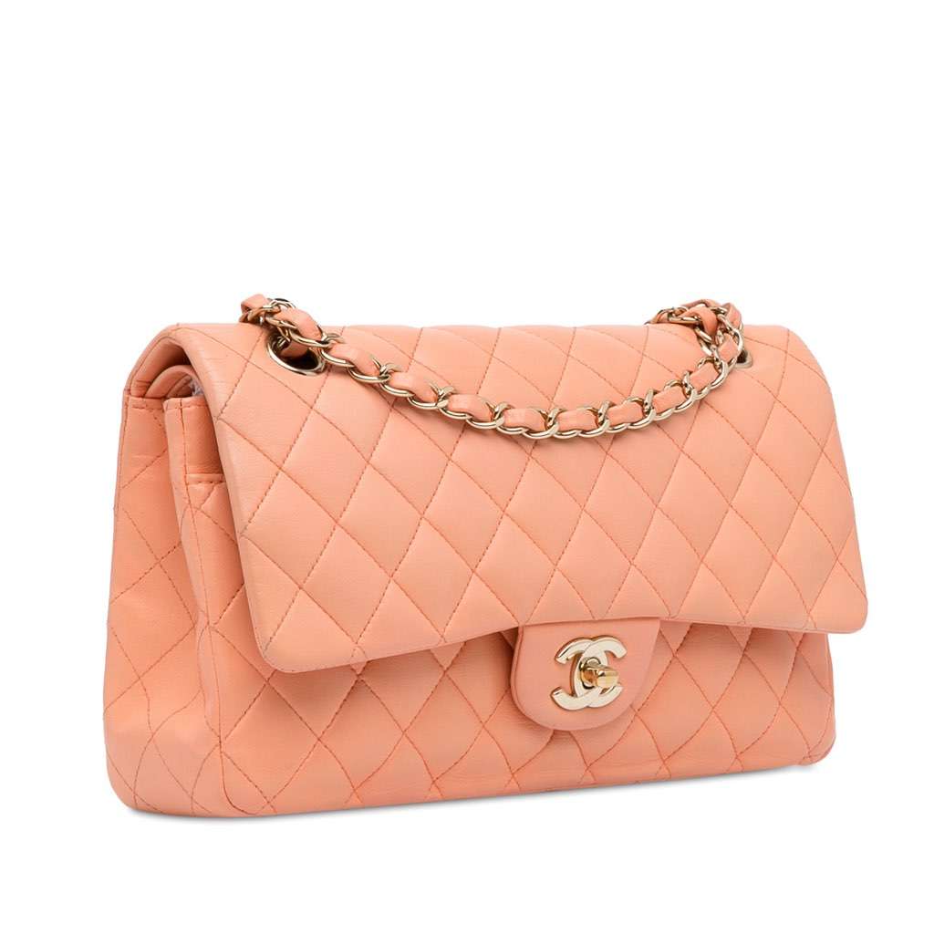 Chanel Medium Classic Lambskin Double Flap Orange Leather Good condition - Back View