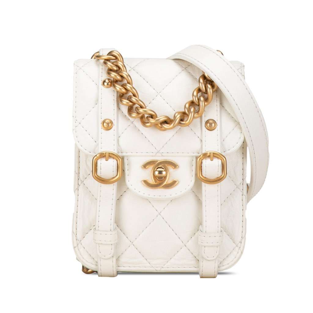Chanel Mini Aged Calfskin City School Flap White Leather Very good - Front View