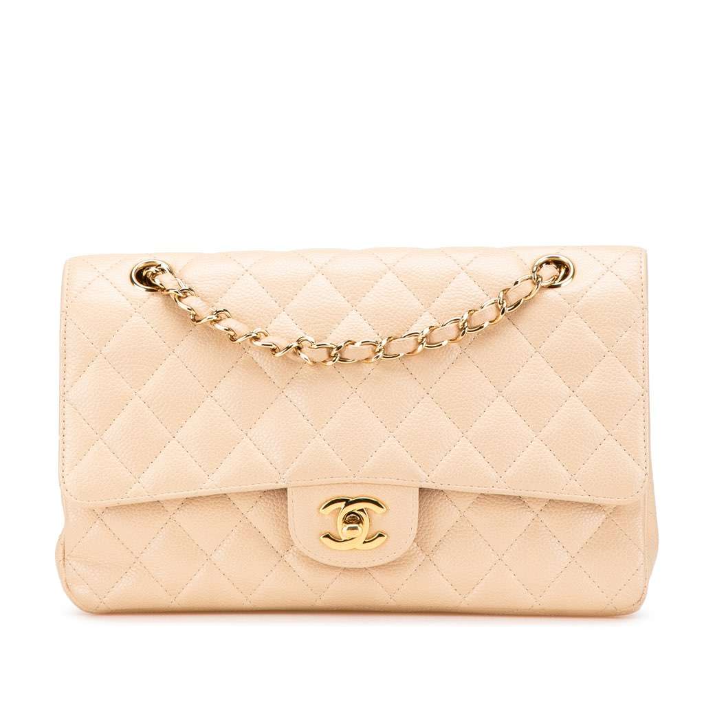 Chanel Medium Classic Caviar Double Flap Brown Leather Good - Front View