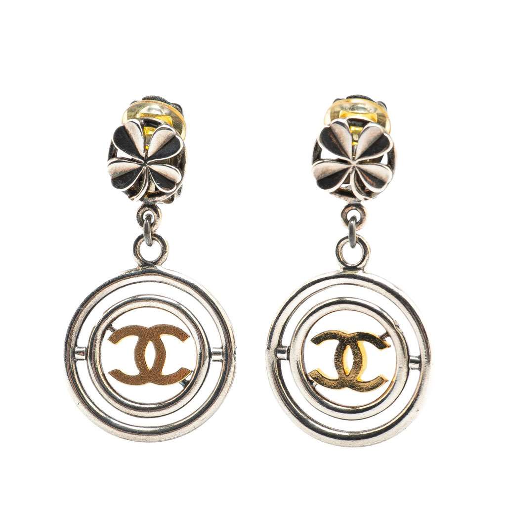 Chanel Silver Clover CC Drop Clip on Earrings Silver Silver Good - Front View