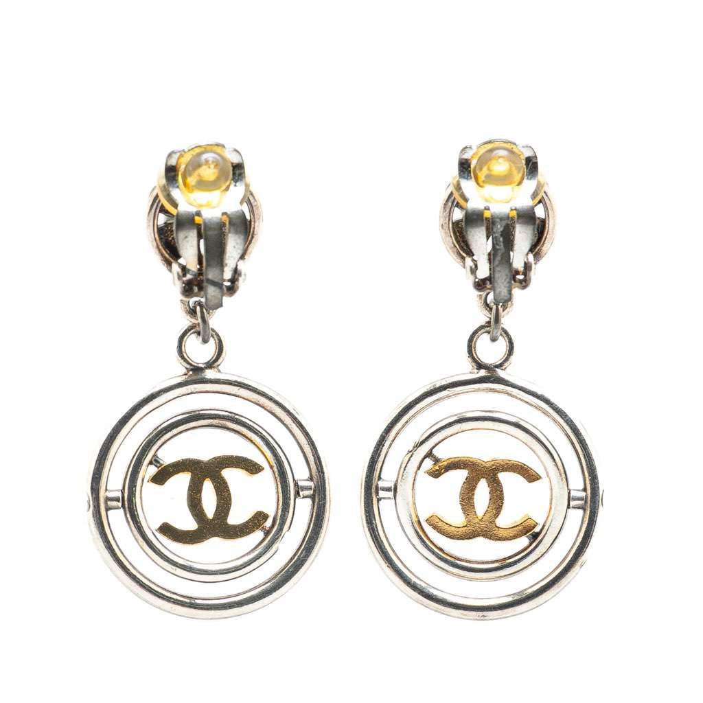 Chanel Silver Clover CC Drop Clip on Earrings Silver Silver Good - Back View