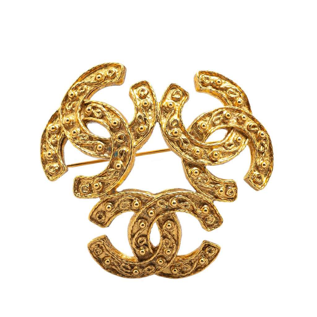 Chanel Gold Plated Triple CC Brooch Gold Metal Good - Front View