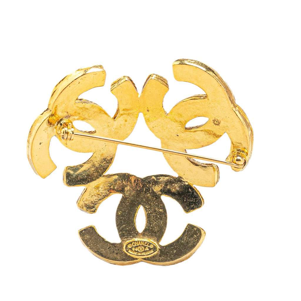 Chanel Gold Plated Triple CC Brooch Gold Metal Good - Back View