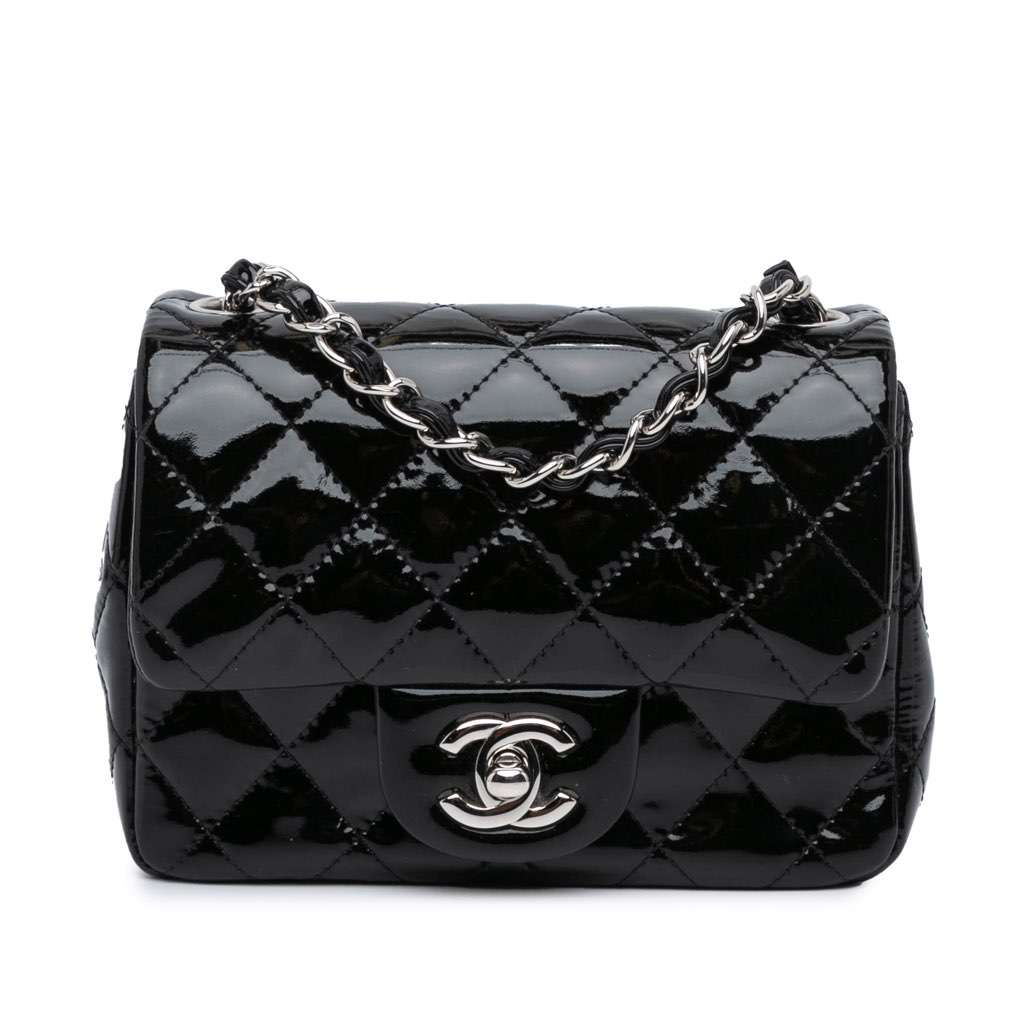 Chanel Mini Square Classic Patent Single Flap Black Leather Good - Front View