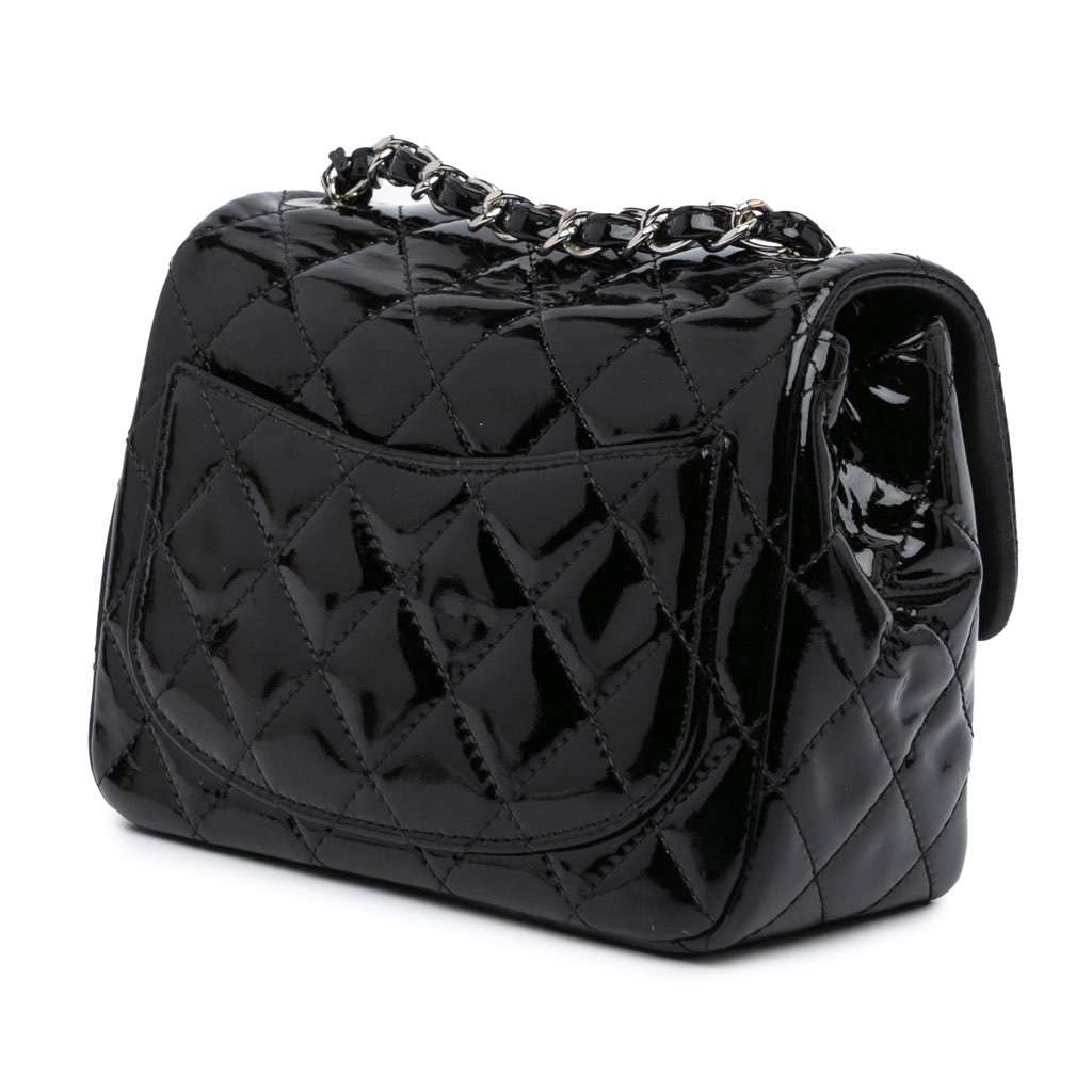 Chanel Mini Square Classic Patent Single Flap Black Leather Good - Back View