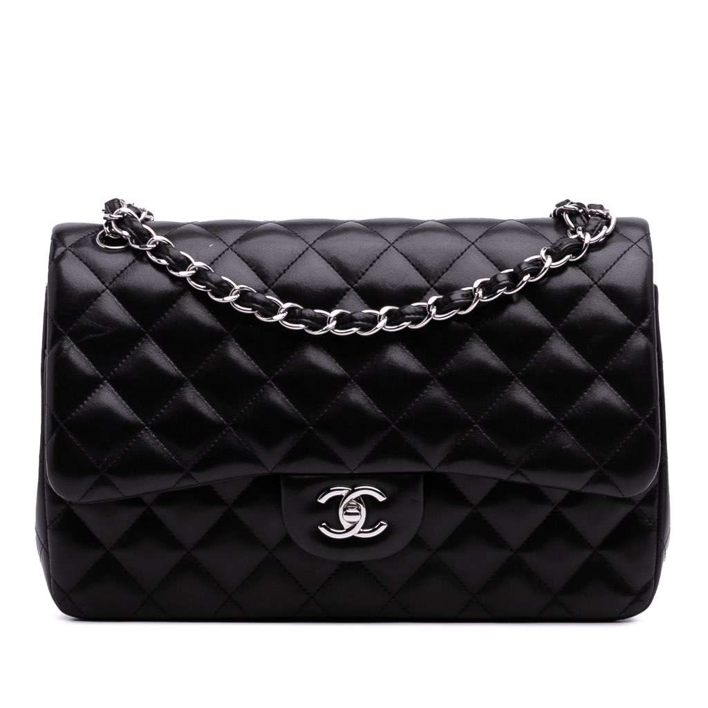 Chanel Jumbo Classic Lambskin Double Flap Black Leather Good - Front View