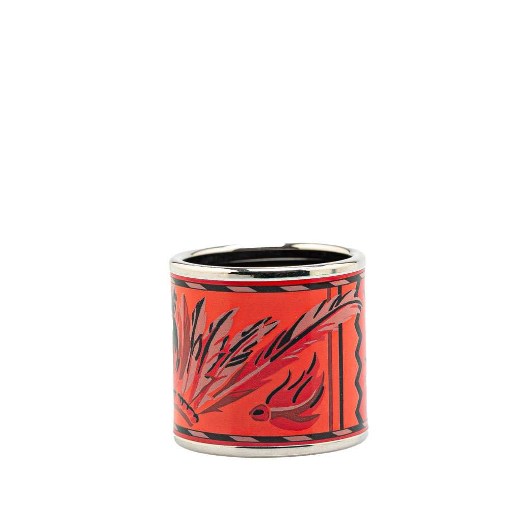 Hermès Enamel and Palladium Plated Brazil Feather Scarf Ring Orange Good condition - Back View