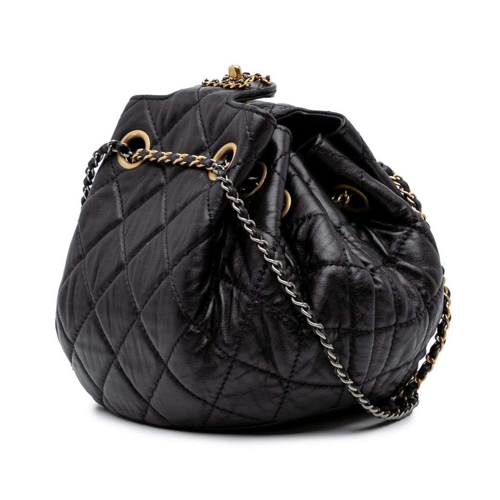 Chanel CC Quilted Lambskin Chain Drawstring Bucket Bag Black Leather Good condition - Back View