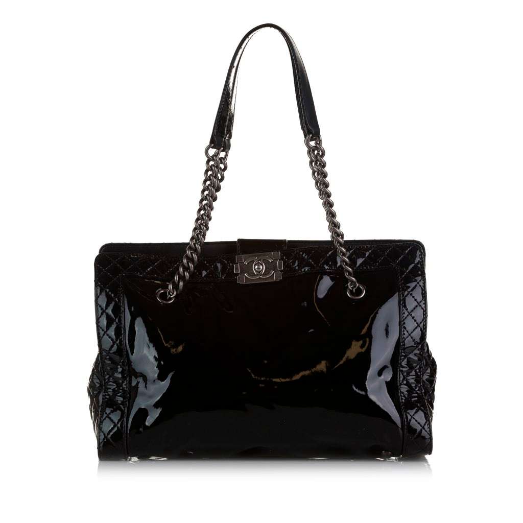 Chanel Patent Boy Reverso Shopping Tote Black Leather Good - Front View