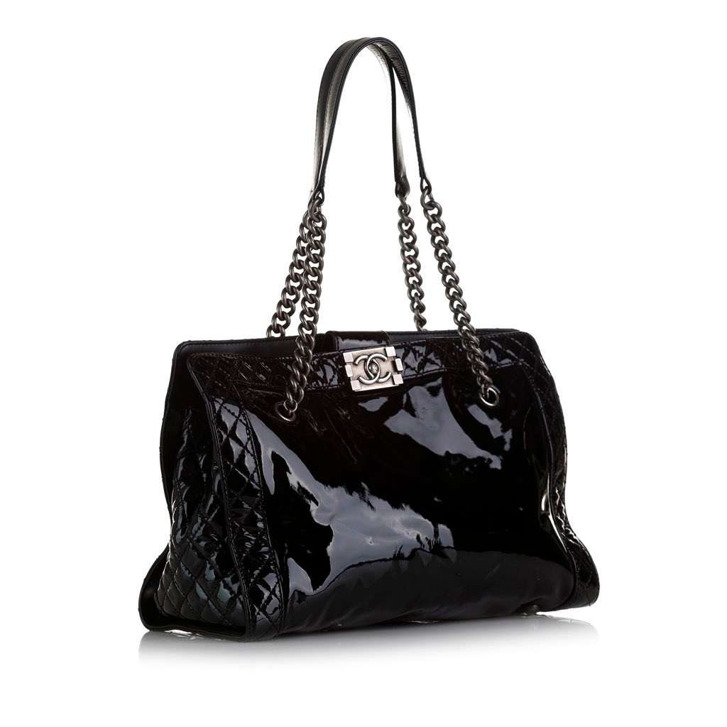 Chanel Patent Boy Reverso Shopping Tote Black Leather Good - Back View