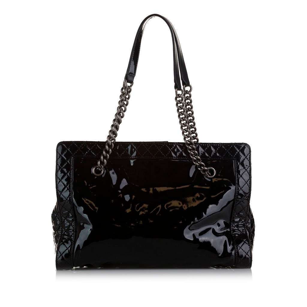 Chanel Patent Boy Reverso Shopping Tote Black Leather Good - Model View