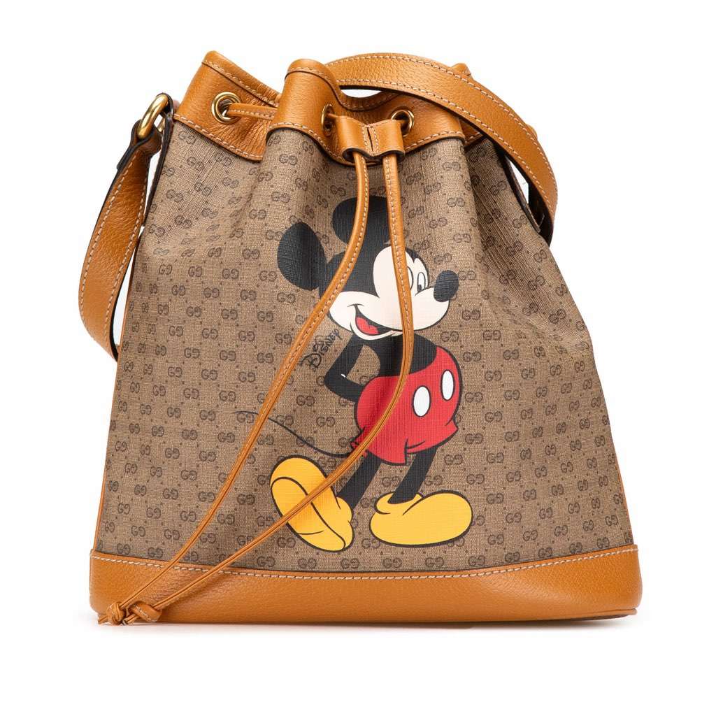 Gucci Micro GG Supreme Mickey Mouse Bucket Bag Brown Canvas Good - Front View