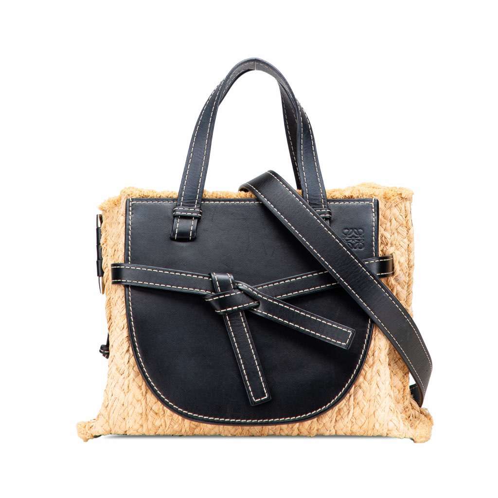 Loewe Small Raffia and Leather Gate Top Handle Bag Brown Good condition - Front View