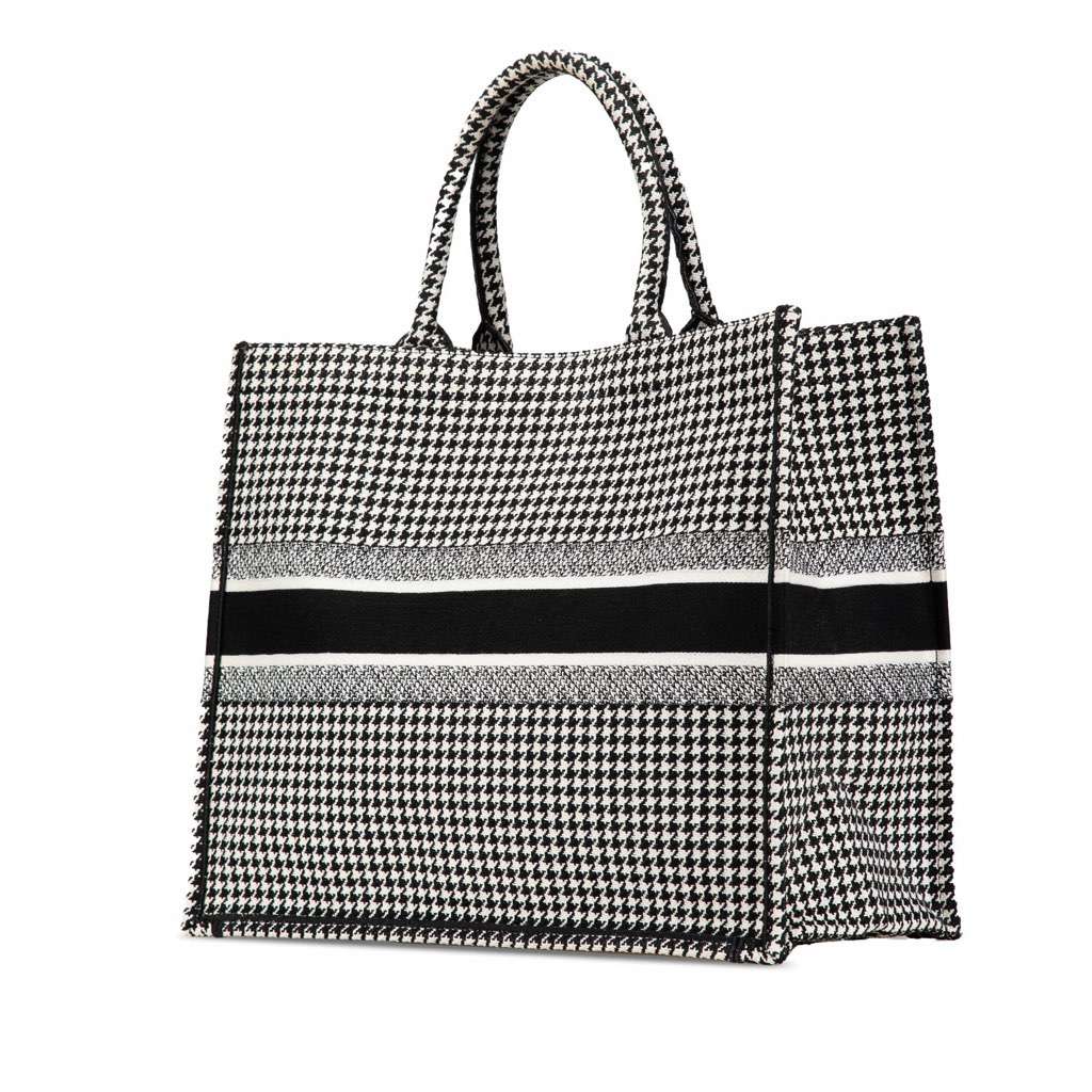 Dior Large Canvas Houndstooth Embroidered Book Tote Black Canvas Good - Back View