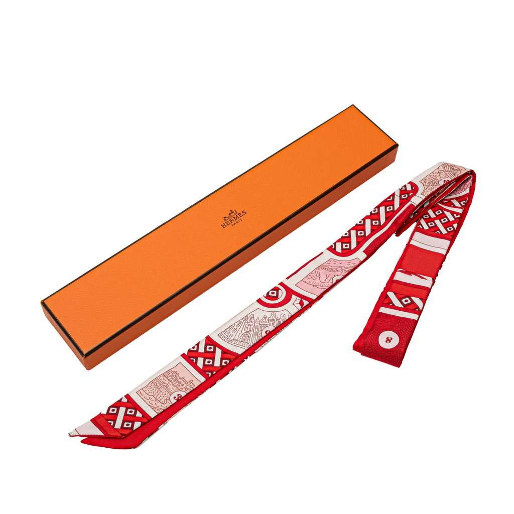 Hermès Le Tour Du Monde  Twilly Silk Scarf Red Silk Very good condition - Box View