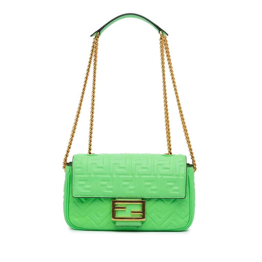 Fendi Zucca Embossed Leather Chain Midi Baguette Green Leather Very good - Front View