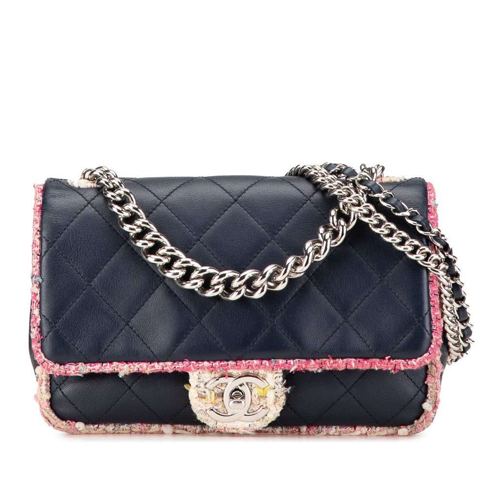 Chanel Quilted Lambskin and Tweed Elegant Trim Flap Blue Leather Very good - Front View