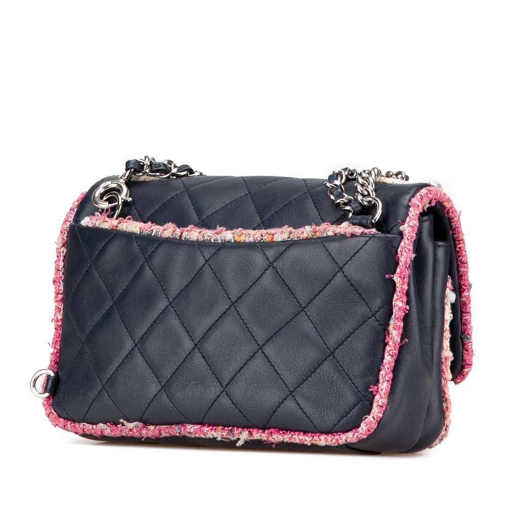 Chanel Quilted Lambskin and Tweed Elegant Trim Flap Blue Leather Very good - Back View