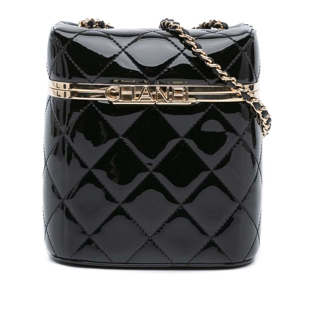 Chanel Quilted Patent Logo Chain Vanity Case Black Leather Very good - Front View