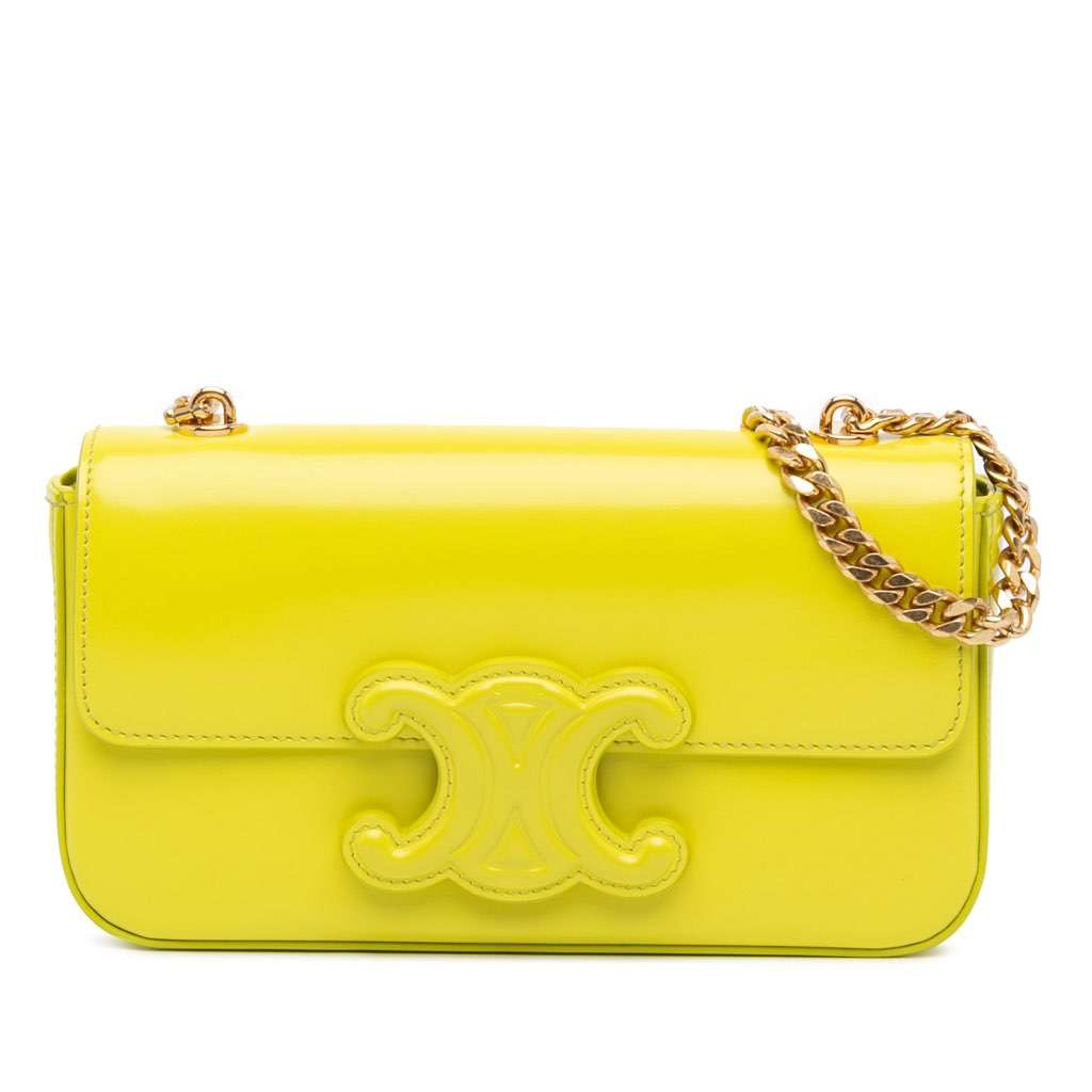 Celine Calfskin Cuir Triomphe Chain Shoulder Bag Yellow Leather Very good - Front View