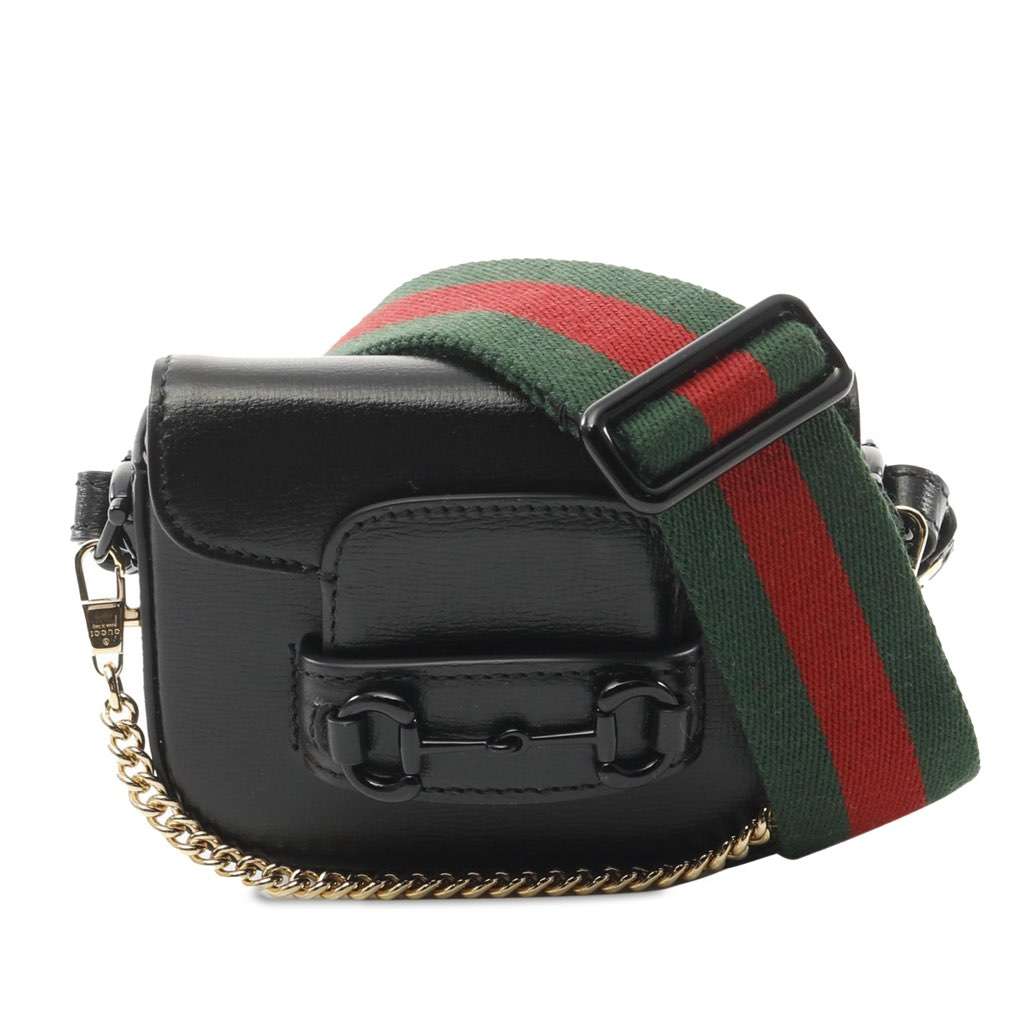 Gucci Mini Leather Horsebit 1955 Web Satchel Black Leather Very good condition - Front View