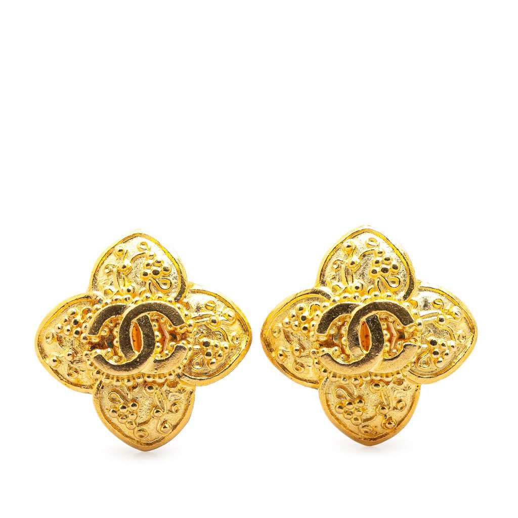 Chanel Gold Plated CC Clover Clip On Earrings Gold Metal Good - Front View