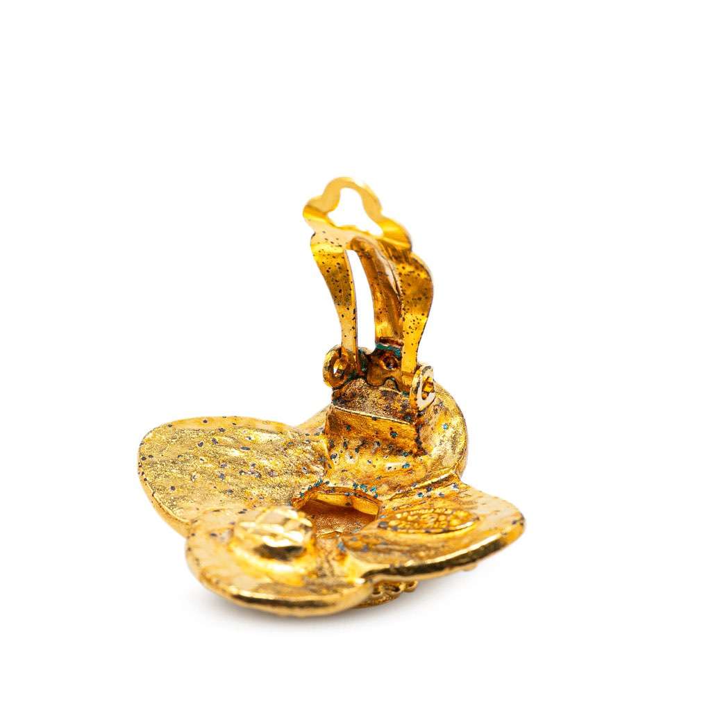 Chanel Gold Plated CC Clover Clip On Earrings Gold Metal Good - Model View
