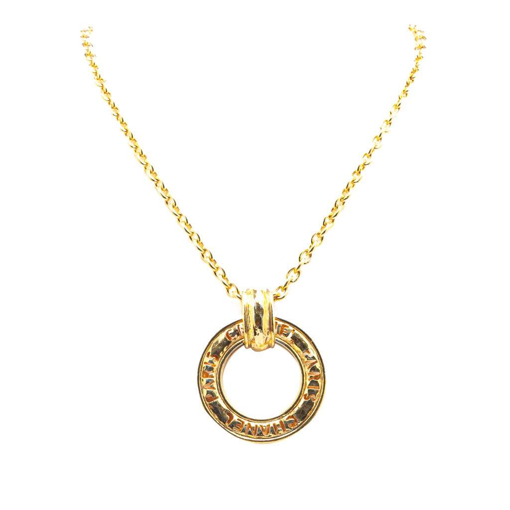 Chanel Gold Plated Circle Logo Pendant Necklace Gold Metal Good - Front View