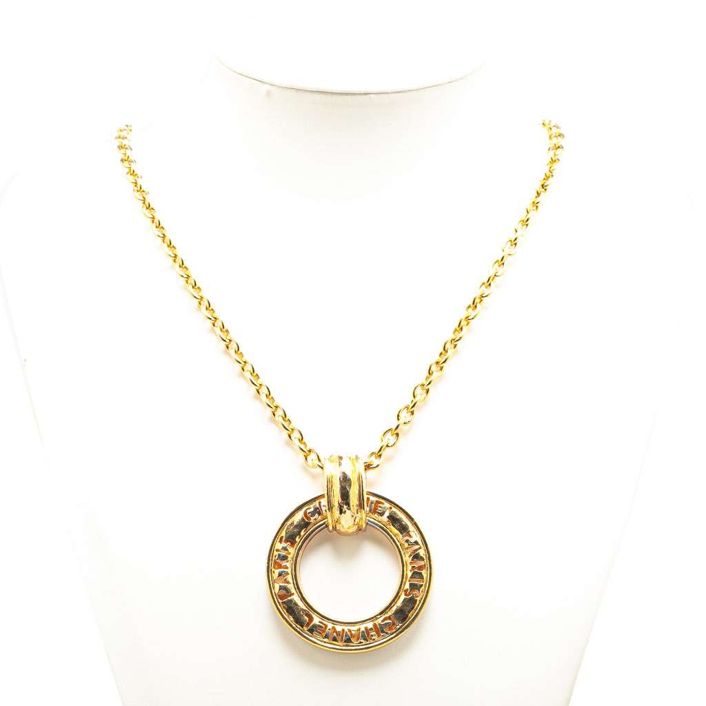 Chanel Gold Plated Circle Logo Pendant Necklace Gold Metal Good - Box View
