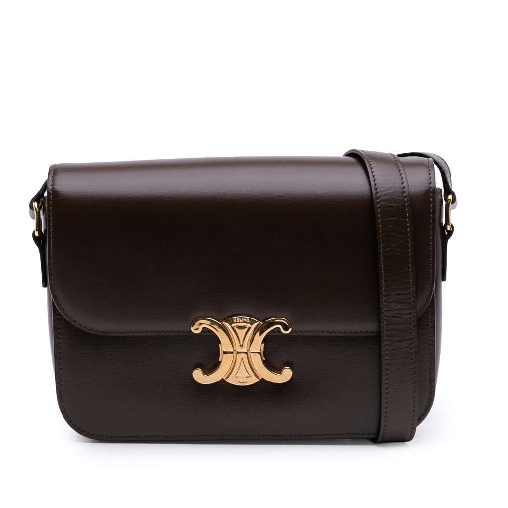 Celine Classique Shiny Calfskin Triomphe Crossbody Brown Leather Good - Front View