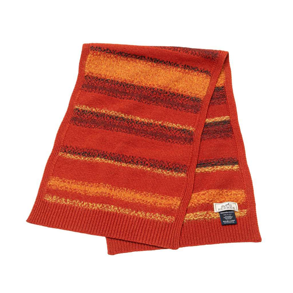 Hermès Cashmere and Mohair Wool Striped Stole Orange Wool Good condition - Front View