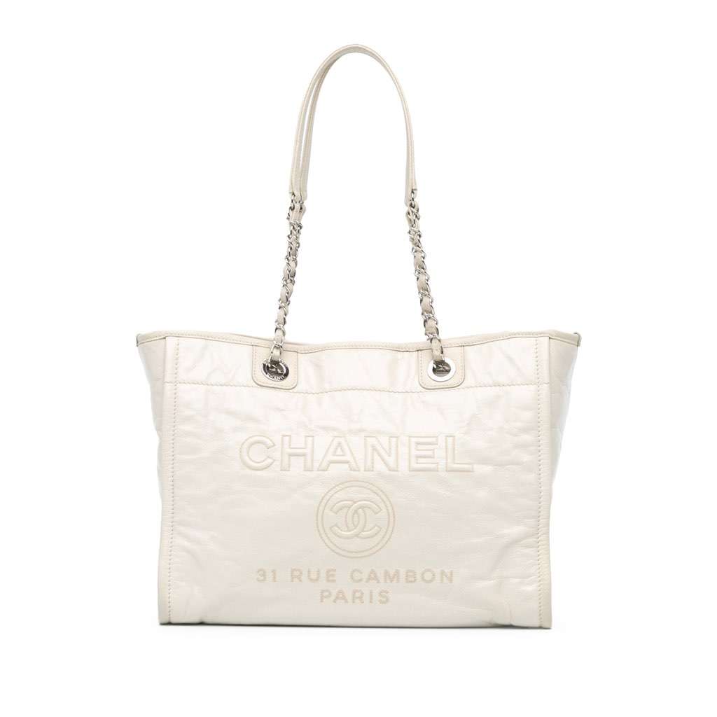 Chanel Small Glazed Calfskin Deauville Tote White Leather Good - Front View